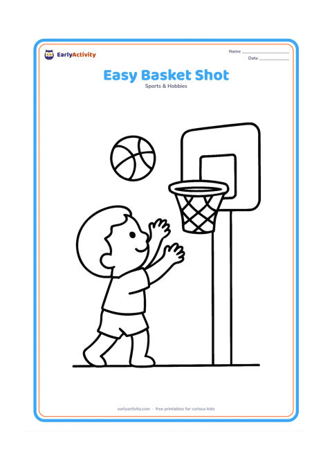 Colouring page: A child reaches upward toward a low basketball hoop while a single ball travels toward the rim. Include a short ground line and no other scenery.