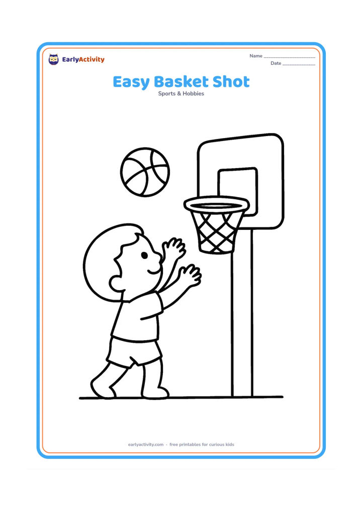 Colouring page: A child reaches upward toward a low basketball hoop while a single ball travels toward the rim. Include a short ground line and no other scenery.
