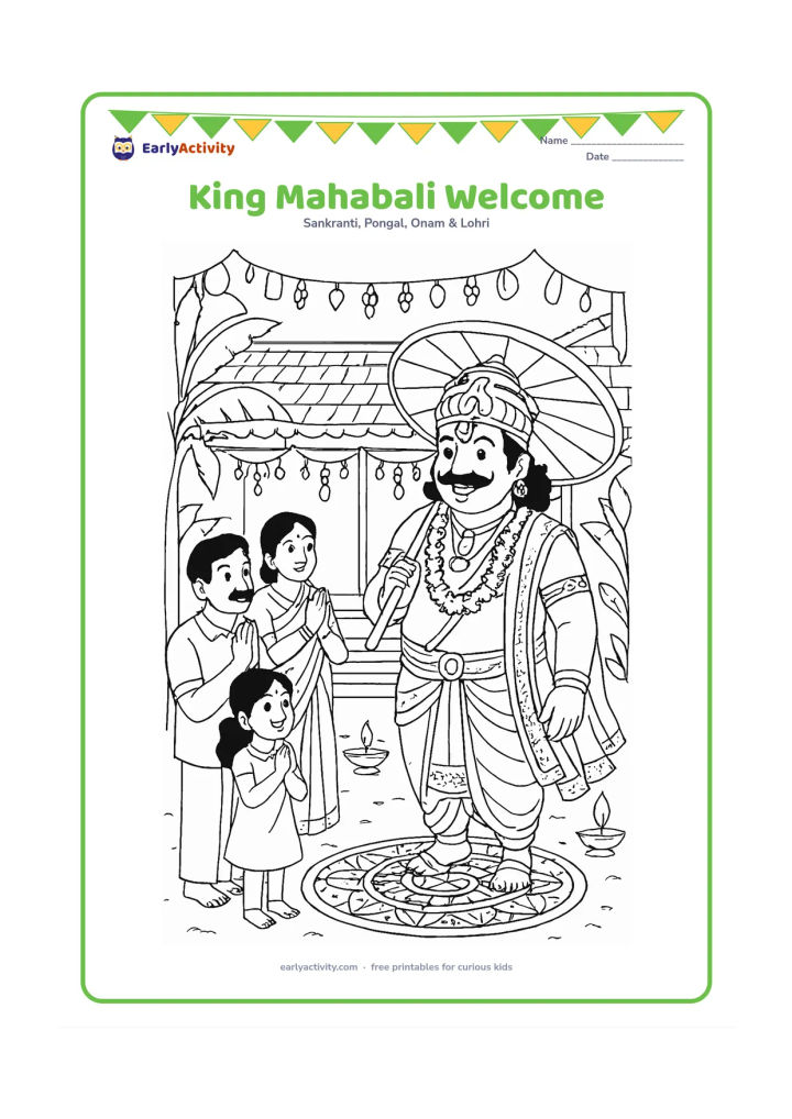 Colouring page: Draw King Mahabali entering a decorated Kerala courtyard with a parasol and flower garland while a family welcomes him. Include a large pookalam, lamps, banana plants, a tiled roof and…