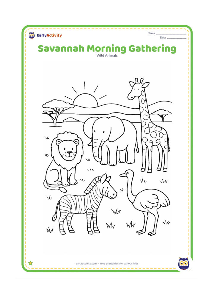 Colouring page: Draw a peaceful group of a lion, elephant, giraffe, zebra and ostrich spread across a wide savannah at morning. Include acacia trees, layered grass, a rising sun and distant hills.