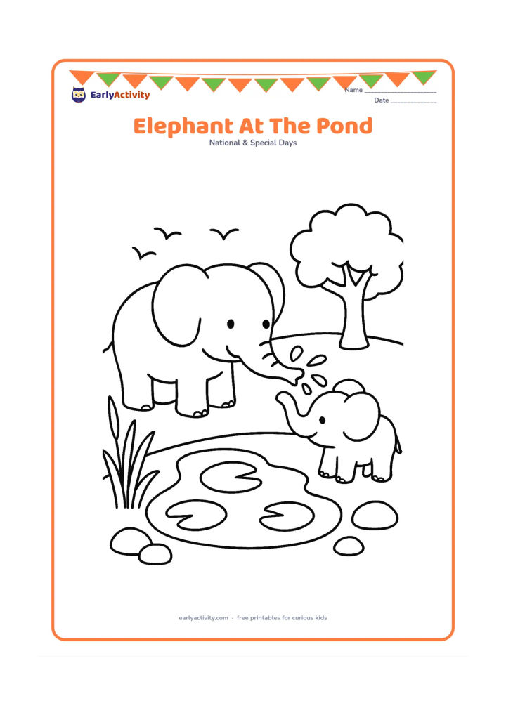 Colouring page: Draw a friendly elephant drinking from a clean pond, with its trunk gently spraying water toward a small elephant calf. Add large lotus leaves, reeds, a few birds, rounded stones and one…