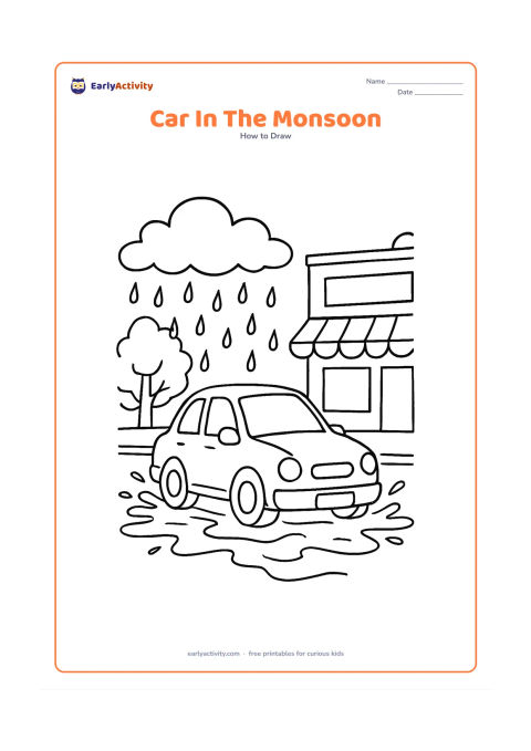 Worksheet: Show a car driving through a shallow puddle on a rainy Indian street, with a cloud, falling rain, a covered shopfront and a leafy tree in the background. Keep the shop sign and license…