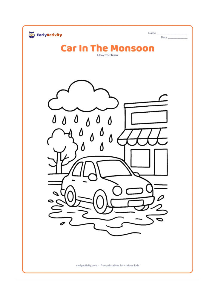 Worksheet: Show a car driving through a shallow puddle on a rainy Indian street, with a cloud, falling rain, a covered shopfront and a leafy tree in the background. Keep the shop sign and license…