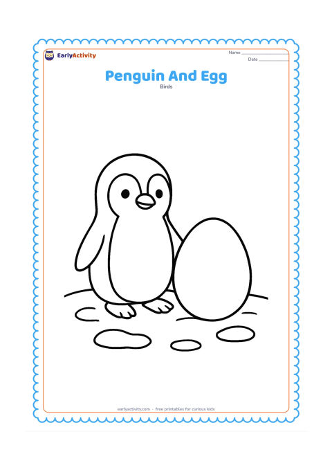 Colouring page: Draw a standing adult penguin gently beside one large oval egg on a simple patch of snow. Keep the penguin and egg centred with a few rounded ice shapes around them.