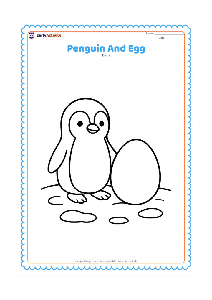 Colouring page: Draw a standing adult penguin gently beside one large oval egg on a simple patch of snow. Keep the penguin and egg centred with a few rounded ice shapes around them.