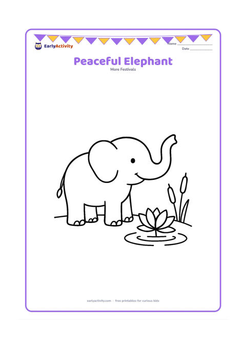 Colouring page: Draw a friendly elephant standing calmly beside a lotus pond, with one raised trunk, two water ripples and a couple of large reeds.