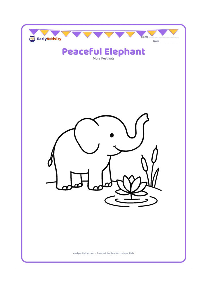 Colouring page: Draw a friendly elephant standing calmly beside a lotus pond, with one raised trunk, two water ripples and a couple of large reeds.