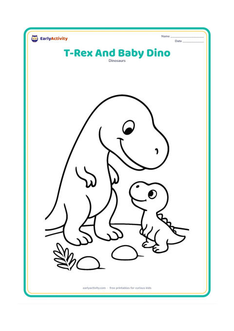 Colouring page: A large smiling T-Rex gently lowers its head toward a tiny friendly baby dinosaur, both standing on simple ground. Add one fern and two round stones.