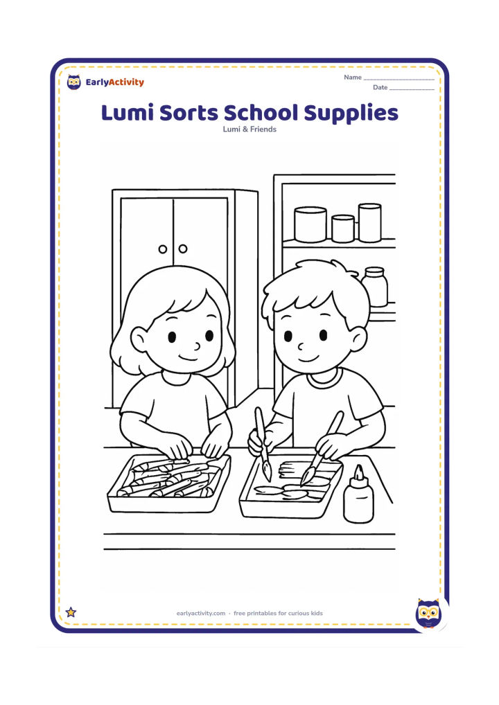 Colouring page: Lumi and a classmate sort pencils, paintbrushes, scissors and glue pots into separate open trays on a shared table. Show a cupboard, art shelf and a few plain containers behind them.