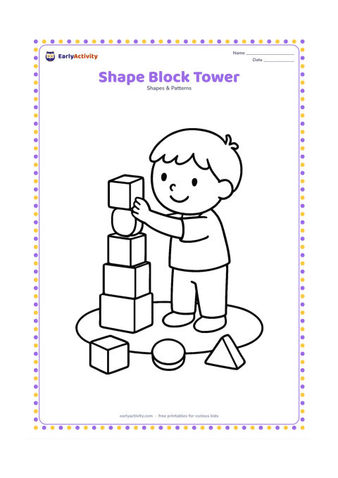 Colouring page: Draw a child stacking large square, rectangular, circular, and triangular toy blocks into a tall tower. Add three loose blocks on the floor and a simple oval rug beneath them.