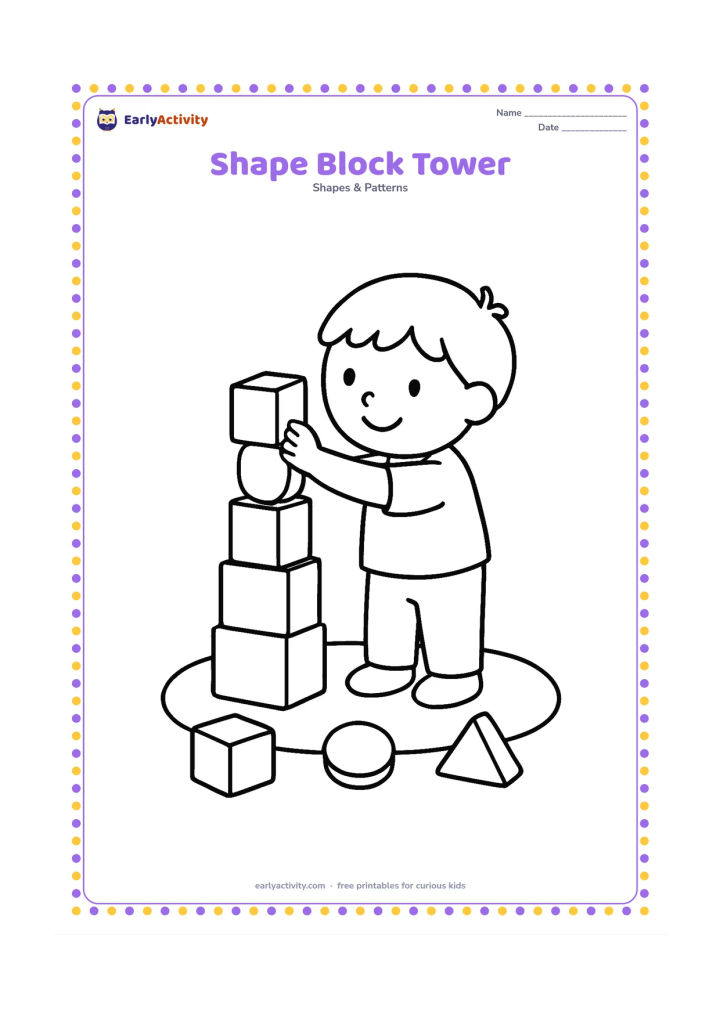Colouring page: Draw a child stacking large square, rectangular, circular, and triangular toy blocks into a tall tower. Add three loose blocks on the floor and a simple oval rug beneath them.