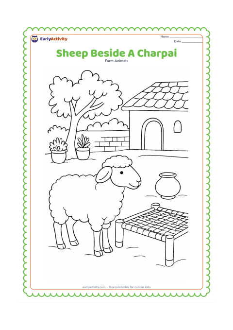 Colouring page: A sheep stands in a peaceful Indian village courtyard beside a plain charpai, a clay pot, a low wall, potted plants and a leafy tree. The objects should support the farm setting without…