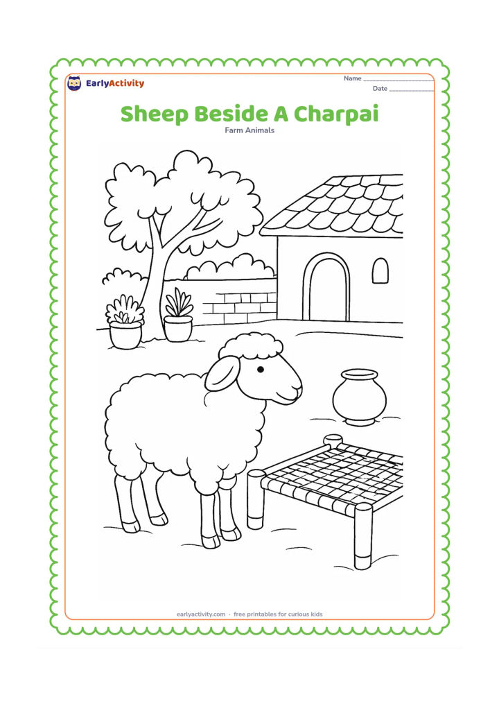 Colouring page: A sheep stands in a peaceful Indian village courtyard beside a plain charpai, a clay pot, a low wall, potted plants and a leafy tree. The objects should support the farm setting without…