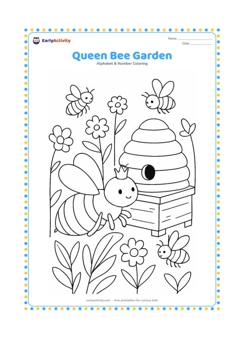 Colouring page: A large queen bee rests near a beehive while worker bees visit flowers around it. Set the scene in a garden with tall stems, broad leaves, and a low wooden hive box.