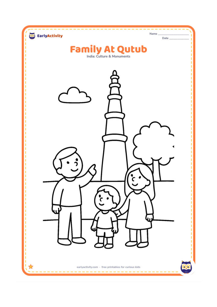 Colouring page: Show two adults and one child standing in the courtyard and looking up at Qutub Minar. Add the tower, a low boundary wall, and one leafy tree in the background.