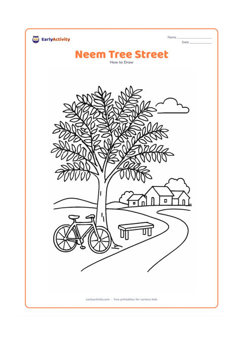 Worksheet: Show a spreading neem tree beside a quiet Indian village path, with layered leaf clusters, a bicycle leaning near the trunk, a small bench and distant simple houses.