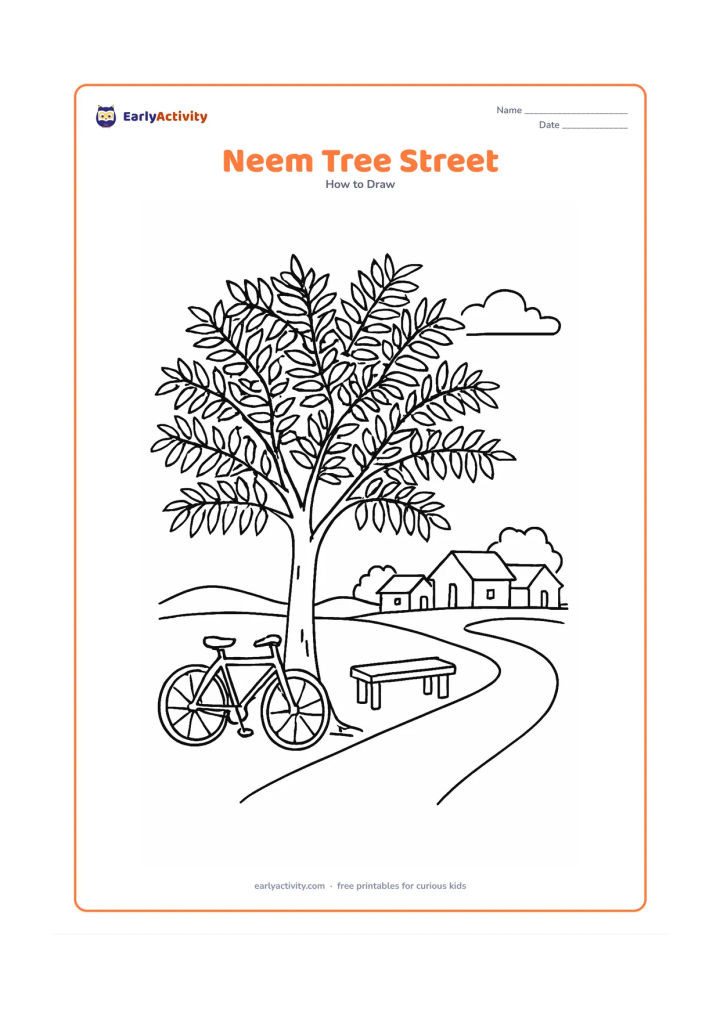 Worksheet: Show a spreading neem tree beside a quiet Indian village path, with layered leaf clusters, a bicycle leaning near the trunk, a small bench and distant simple houses.