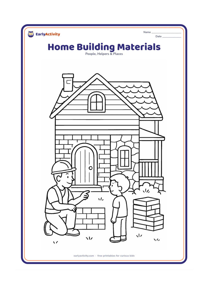 Colouring page: Draw a friendly house combining visible sections of brick, wood, stone and plaster, with a roof, door, windows, veranda and garden. Show a builder and child examining the wall beside a…