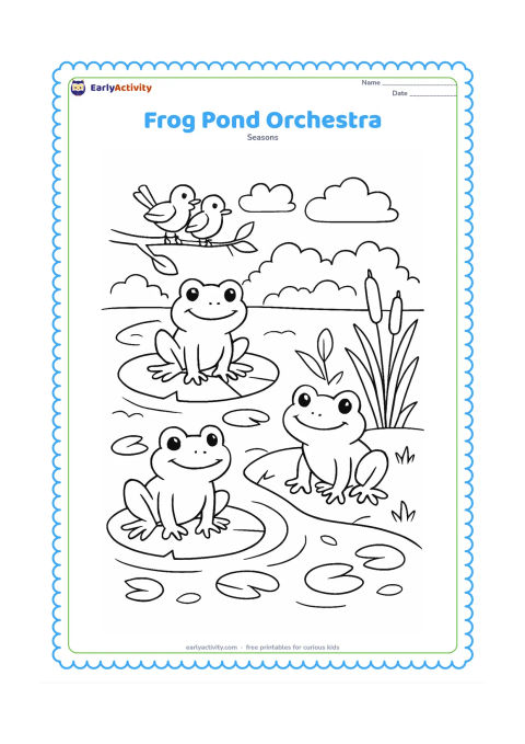 Colouring page: Several friendly frogs sit around a pond after rain, one on a lily pad and another near tall reeds, while birds watch from a branch. Add overlapping ripples, floating leaves, clouds, and…