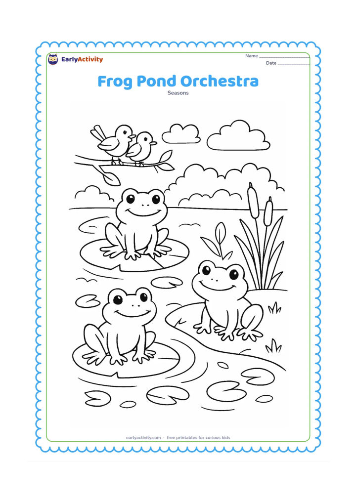 Colouring page: Several friendly frogs sit around a pond after rain, one on a lily pad and another near tall reeds, while birds watch from a branch. Add overlapping ripples, floating leaves, clouds, and…