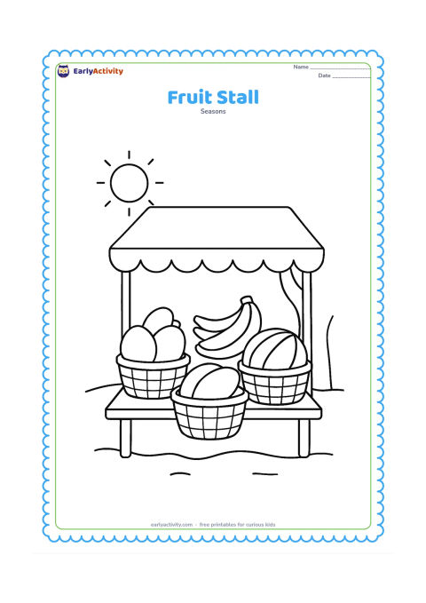 Colouring page: A small outdoor fruit stall displays large mangoes, bananas and watermelons in three baskets, with a shaded cloth roof above. Add a tree trunk and sunny ground behind it.