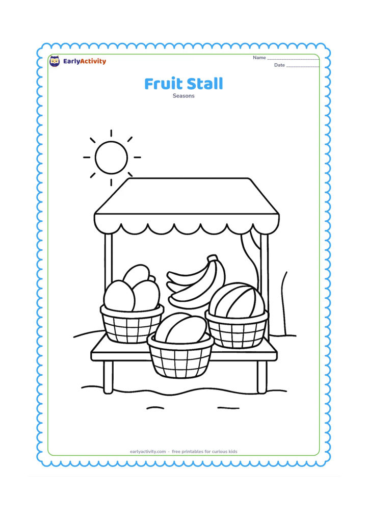 Colouring page: A small outdoor fruit stall displays large mangoes, bananas and watermelons in three baskets, with a shaded cloth roof above. Add a tree trunk and sunny ground behind it.