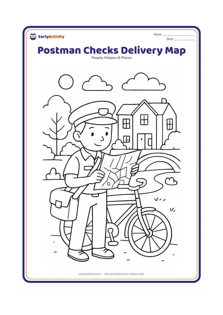 Colouring page: A postman studies a folded map beside his bicycle before choosing a neighbourhood route. Show a row of homes, trees, a bridge and a blank map with simple road lines.