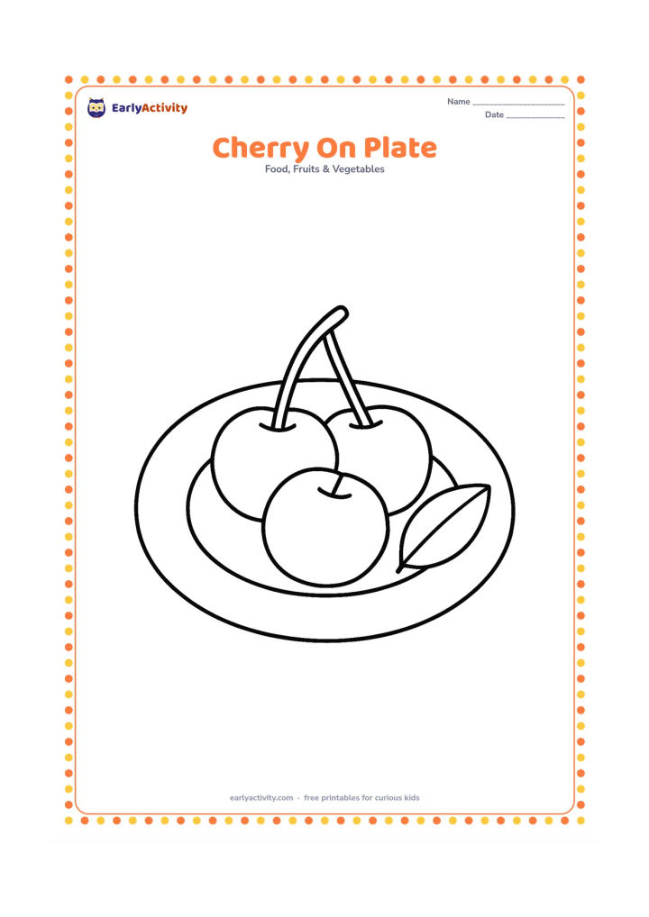 Colouring page: Draw three large cherries on a round plate, with one leaf resting beside the fruit.