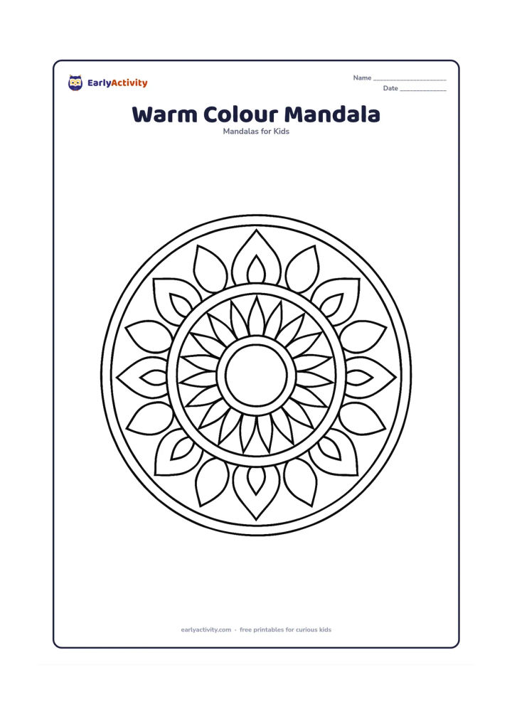 Colouring page: A symmetrical circular pattern built from repeated flames, sun rays, petals, and geometric diamonds radiating from a central circle. Leave distinct rings and sections suitable for a red,…