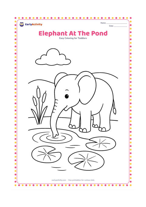 Colouring page: Draw an elephant bending its trunk toward a small pond to drink, with two lotus leaves, a few reeds and a distant low hill.