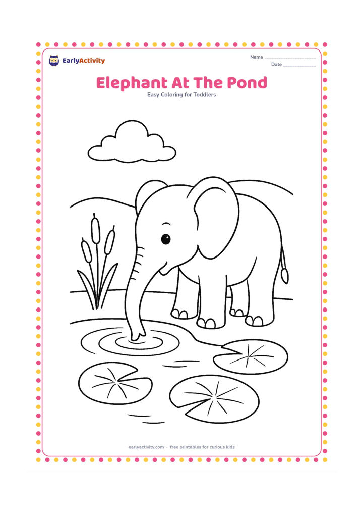 Colouring page: Draw an elephant bending its trunk toward a small pond to drink, with two lotus leaves, a few reeds and a distant low hill.