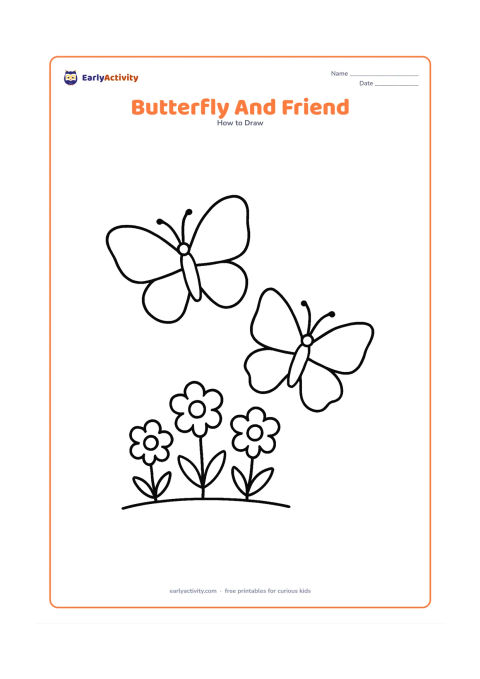 Worksheet: Show two large butterflies flying together over a simple flower patch, one slightly higher and one slightly lower. Give each butterfly a body, antennae and broad blank wings with…