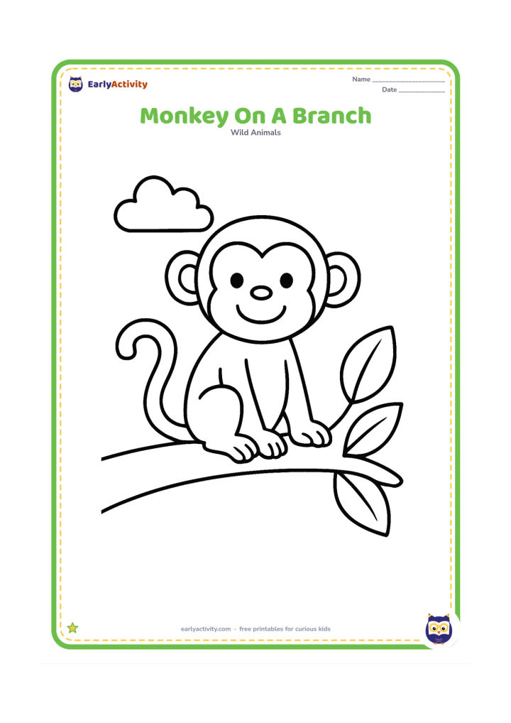 Colouring page: Draw one friendly monkey sitting on a thick low branch, with a long curved tail hanging down. Add two large leaves and a small cloud in the background.