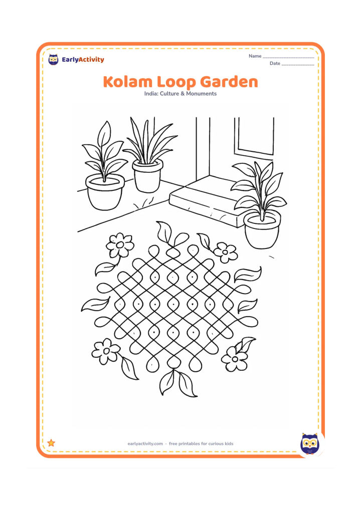 Colouring page: Draw a detailed kolam made from continuous looping lines around multiple rows of dots, with leaf curls and four symmetrical corner flowers. Set it beside a South Indian home garden with…