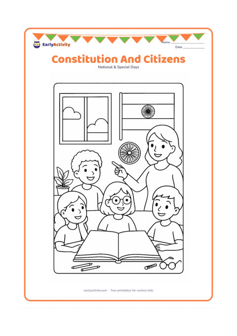 Colouring page: A diverse group of children sits around a table with a large plain open book representing the Constitution, while an adult points toward an Indian flag and a separate Ashoka Chakra. Add…