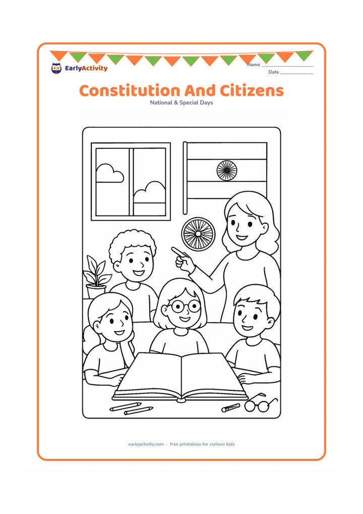 Colouring page: A diverse group of children sits around a table with a large plain open book representing the Constitution, while an adult points toward an Indian flag and a separate Ashoka Chakra. Add…