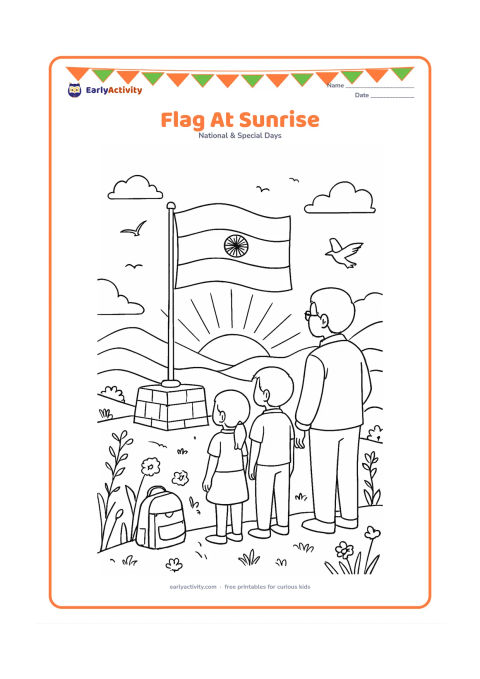 Colouring page: Draw a detailed hilltop Independence Day scene at sunrise, with two children and a grandparent watching an Indian flag wave from a stone platform. Include layered hills, birds,…
