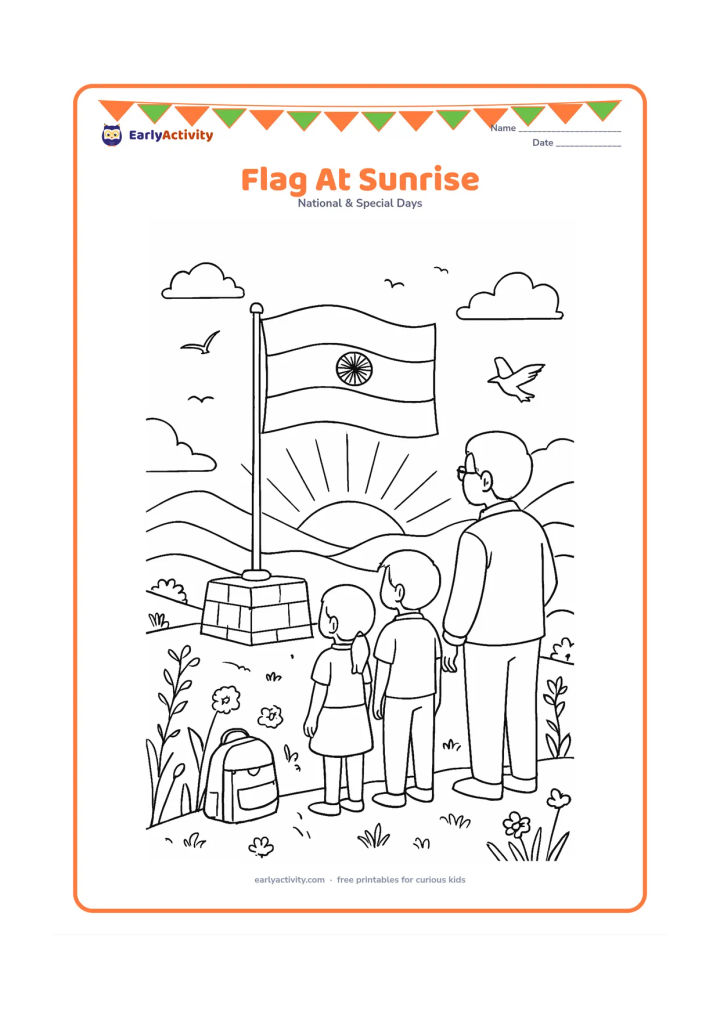 Colouring page: Draw a detailed hilltop Independence Day scene at sunrise, with two children and a grandparent watching an Indian flag wave from a stone platform. Include layered hills, birds,…