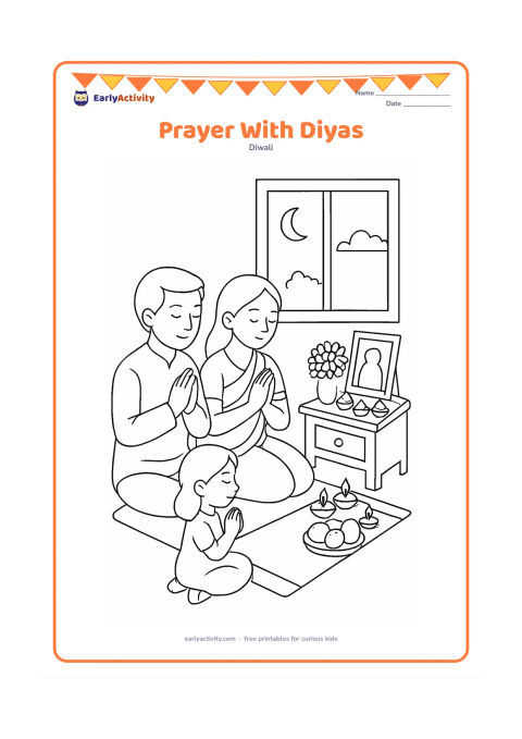 Colouring page: A family sits respectfully before a small home prayer shelf with flowers, fruit, and several lit diyas. Show folded hands, a floor mat, and a calm evening window in the background.