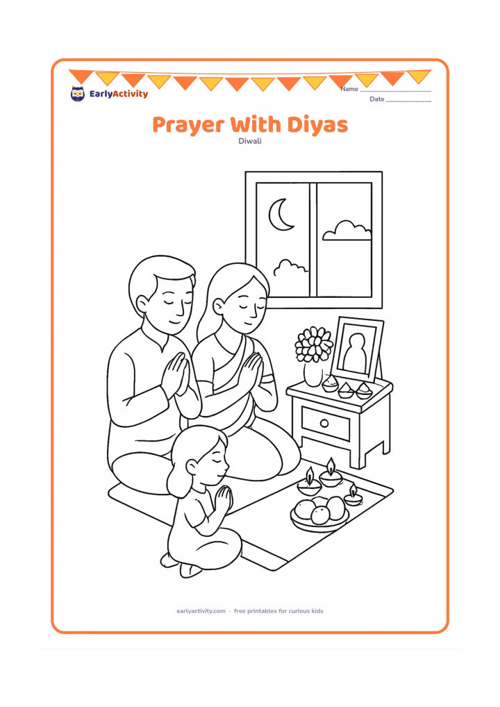 Colouring page: A family sits respectfully before a small home prayer shelf with flowers, fruit, and several lit diyas. Show folded hands, a floor mat, and a calm evening window in the background.