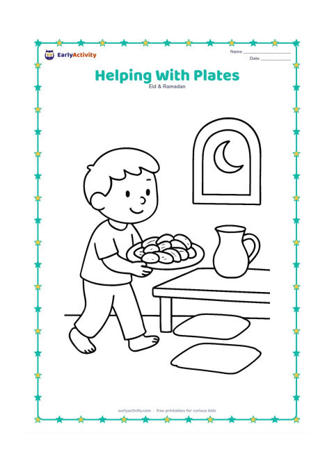 Colouring page: Draw a child carefully carrying one large plate of dates toward a low family meal table. Include two cushions, a jug, and a crescent moon outside a window.
