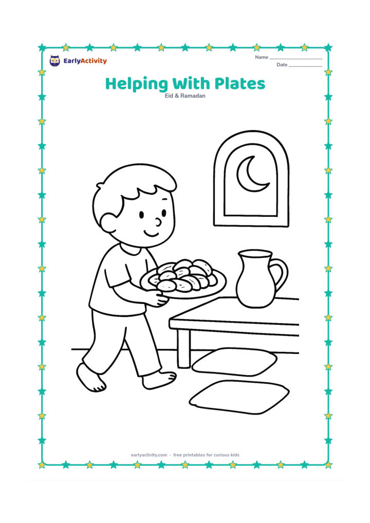 Colouring page: Draw a child carefully carrying one large plate of dates toward a low family meal table. Include two cushions, a jug, and a crescent moon outside a window.