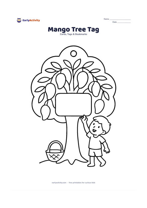 Worksheet: Draw a mango-tree-shaped gift tag with a sturdy trunk, broad leafy canopy, hanging mangoes, a small basket and a child reaching toward one low branch. Add a large blank panel in the…