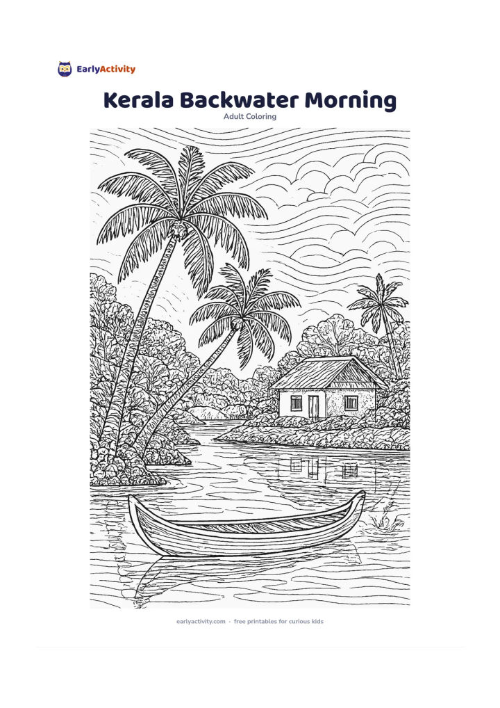 Colouring page: A tranquil Kerala backwater scene with a small canoe near the foreground, coconut palms leaning over the water, a simple waterside house and layered green banks behind it. Add gentle…