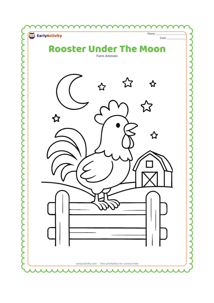 Colouring page: Draw a rooster resting on a fence at evening with a crescent moon, a few stars and the outline of a quiet barn. Keep the scene peaceful and bright enough to colour.