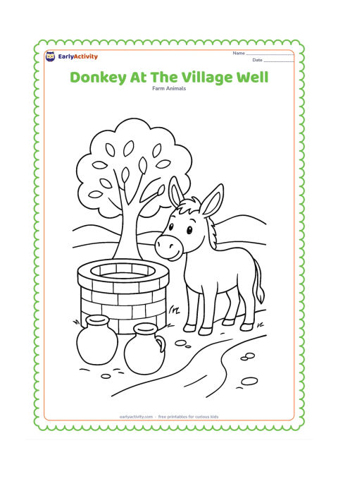 Colouring page: A friendly donkey stands beside a round village well with two plain water pots nearby. Include a leafy tree, a curving dirt path and a few simple stones around the well.
