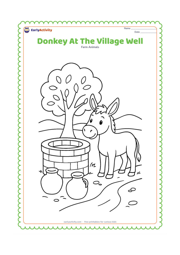 Colouring page: A friendly donkey stands beside a round village well with two plain water pots nearby. Include a leafy tree, a curving dirt path and a few simple stones around the well.