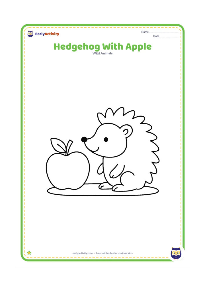 Colouring page: Draw a hedgehog sitting beside one large fallen apple, looking toward it. Include a short curved stem, two simple leaves and a plain ground patch.