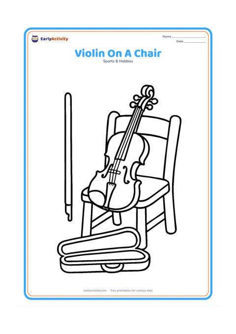 Colouring page: A violin resting on a simple wooden chair beside its bow. Include a small open music case on the floor, with no paper or writing visible.