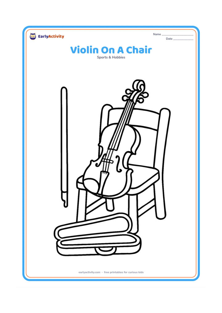 Colouring page: A violin resting on a simple wooden chair beside its bow. Include a small open music case on the floor, with no paper or writing visible.